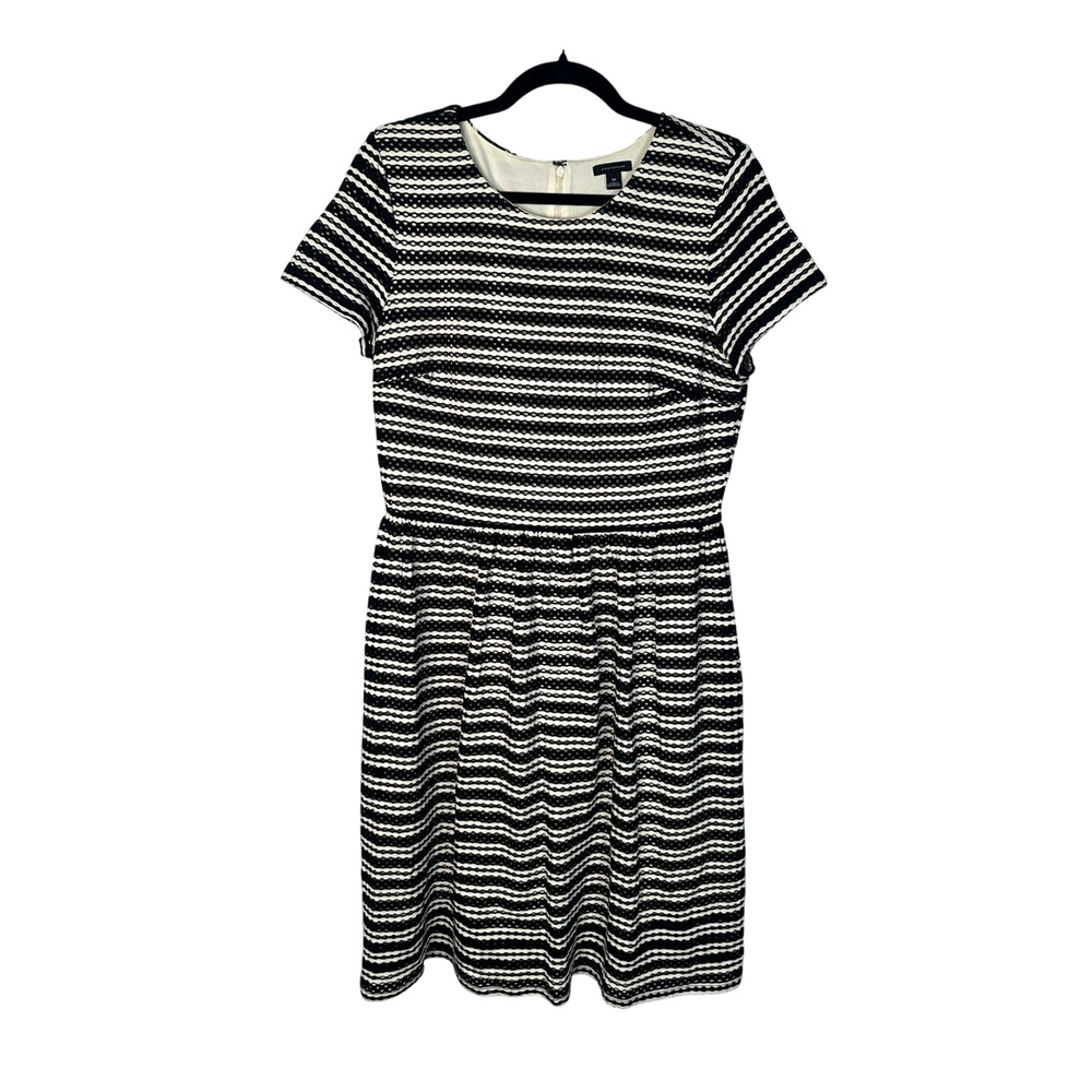 Ann Taylor 10 Cotton Eyelet Dress $149 Short Sleeve Fit & Flare Black Striped - Picture 2 of 9